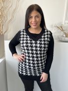 Shein (M) Fekete Fehér Tyúklábmintás, V Kivágású Kötött Felső