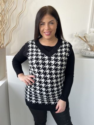   Shein (M) Fekete Fehér Tyúklábmintás, V Kivágású Kötött Felső