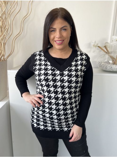 Shein (M) Fekete Fehér Tyúklábmintás, V Kivágású Kötött Felső