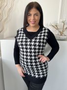 Shein (M) Fekete Fehér Tyúklábmintás, V Kivágású Kötött Felső