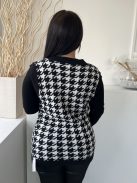 Shein (M) Fekete Fehér Tyúklábmintás, V Kivágású Kötött Felső