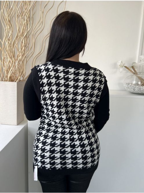 Shein (M) Fekete Fehér Tyúklábmintás, V Kivágású Kötött Felső