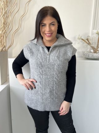   Dunnes (M) Szürke Anyagában Mintás, Nyakánál Cipzáros 6% Gyapjú Alapanyagú, Kötött Felső