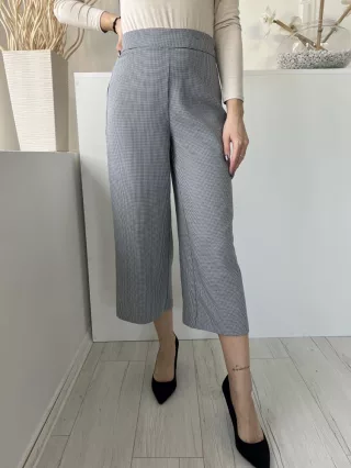   Primark (M) Fehér Fekete Apró Tyúklábmintás Oldalt Cipzáros, Bőszárú Nadrág