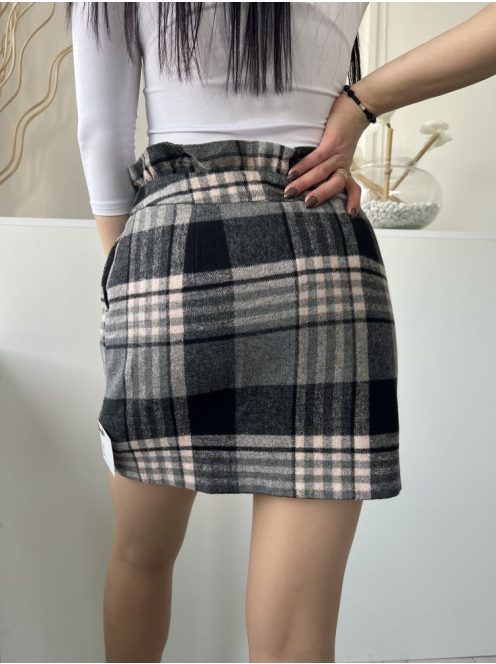 Miss Selfridge (M) Fekete-Szürke-Drapp Kockás, Elől Gombos Zsebes, Paperbag Fazonú, Szövet Szoknya