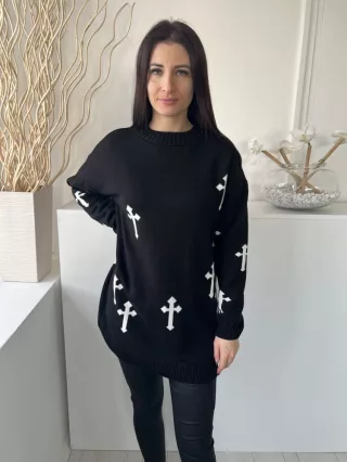   Ego (S) Fekete Fehér Keresztmintás Kerek Nyakú, Hosszított Fazonú Felső