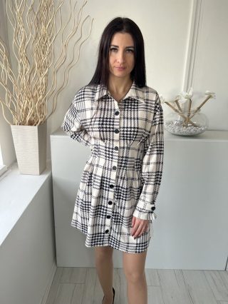   Shein (S) Törtfehér Fekete Tyúklábmintás, Elől Végig Gombos Galléros, Derékban Ráncolt Ruha