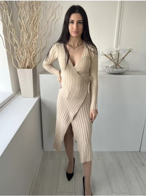 Asos (XS) Homokszínű Anyagában Bordázott, Átlapolt Oldalt Megkötős, Kötött Ruha