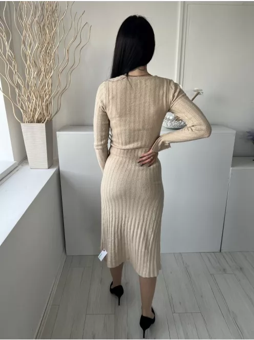 Asos (XS) Homokszínű Anyagában Bordázott, Átlapolt Oldalt Megkötős, Kötött Ruha