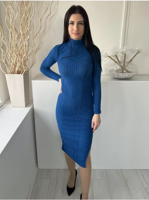 Shein (XS) Királykék Anyagában Bordázott, Magasított Nyakú Oldalt Sliccelt, Kellemes Anyagú Ruha