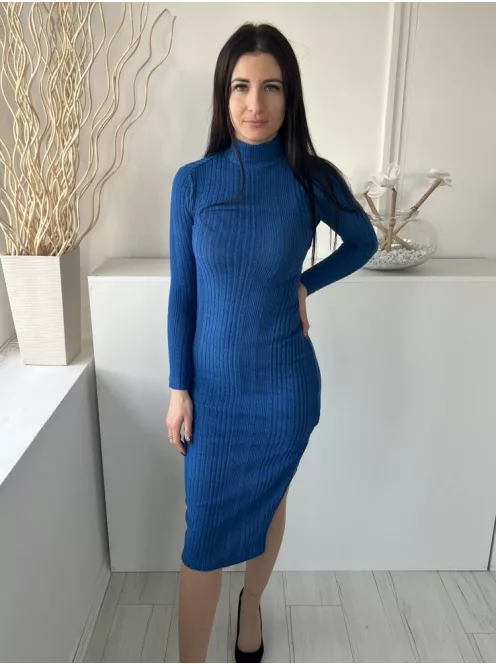 Shein (XS) Királykék Anyagában Bordázott, Magasított Nyakú Oldalt Sliccelt, Kellemes Anyagú Ruha