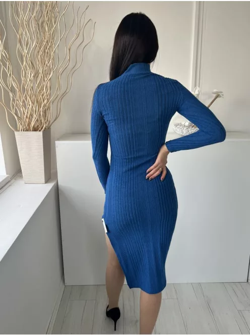 Shein (XS) Királykék Anyagában Bordázott, Magasított Nyakú Oldalt Sliccelt, Kellemes Anyagú Ruha