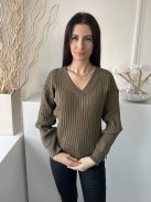 Next (M) Khaki Anyagában Bordázott V Kivágású, Kötött Felső