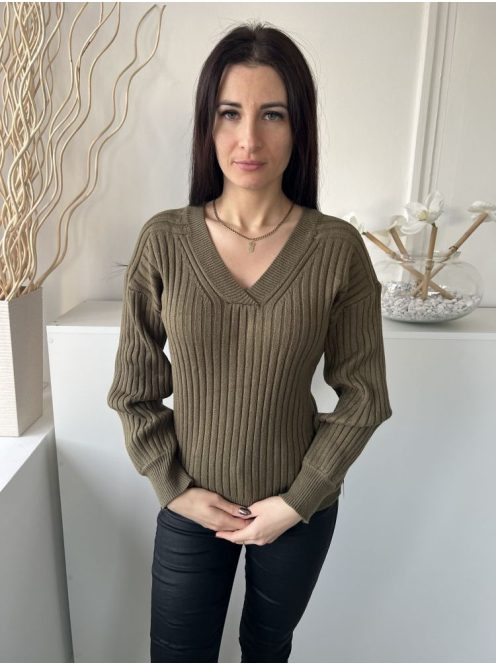 Next (M) Khaki Anyagában Bordázott V Kivágású, Kötött Felső