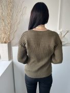 Next (M) Khaki Anyagában Bordázott V Kivágású, Kötött Felső