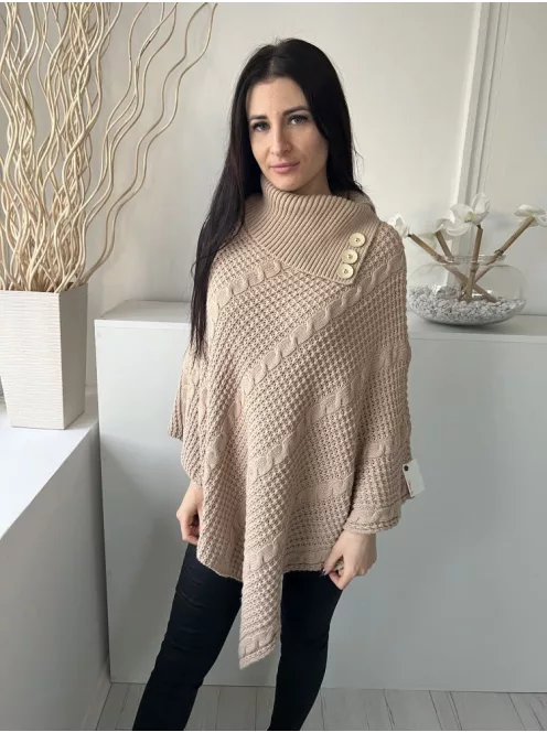  (M) Világosbarna Anyagában Mintás Nyakánál Díszgombos Poncsó