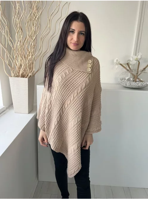  (M) Világosbarna Anyagában Mintás Nyakánál Díszgombos Poncsó