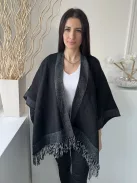  (M) Fekete-Szürke Rojtos Szegélyű Kapocs Nélküli Poncsó