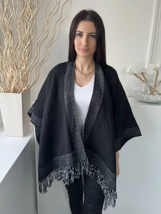    (M) Fekete-Szürke Rojtos Szegélyű Kapocs Nélküli Poncsó