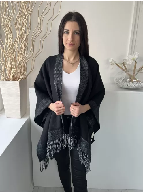  (M) Fekete-Szürke Rojtos Szegélyű Kapocs Nélküli Poncsó