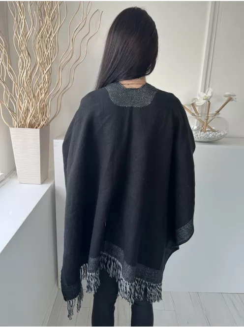  (M) Fekete-Szürke Rojtos Szegélyű Kapocs Nélküli Poncsó