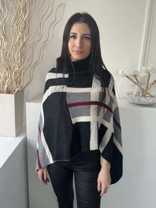   Pala D' Oro (M) Fekete-Fehér-Szürke Kockás, Garbós Nyakú Kötött Poncsó