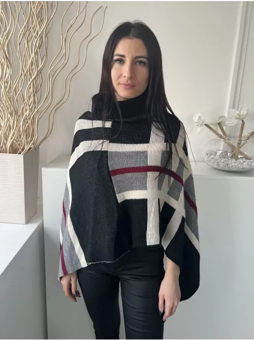Pala D' Oro (M) Fekete-Fehér-Szürke Kockás, Garbós Nyakú Kötött Poncsó