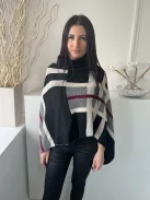 Pala D' Oro (M) Fekete-Fehér-Szürke Kockás, Garbós Nyakú Kötött Poncsó