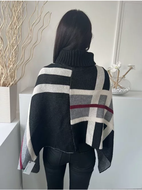 Pala D' Oro (M) Fekete-Fehér-Szürke Kockás, Garbós Nyakú Kötött Poncsó