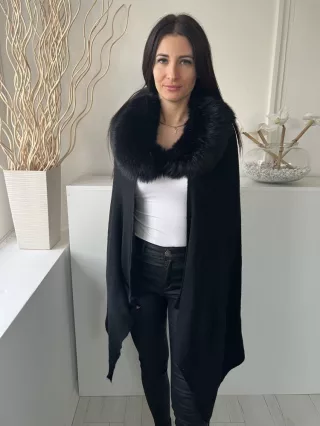 Linea (M) Fekete Szőrme Galléros Kötött Poncsó