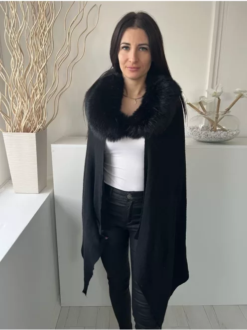 Linea (M) Fekete Szőrme Galléros Kötött Poncsó