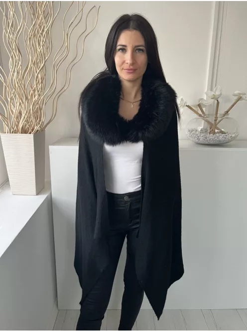 Linea (M) Fekete Szőrme Galléros Kötött Poncsó