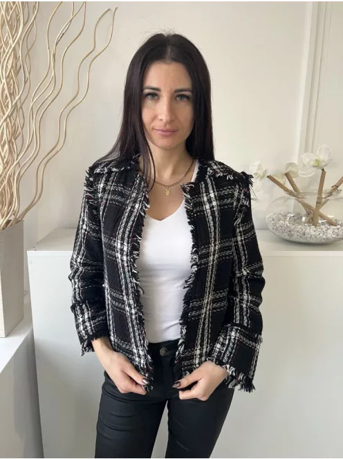 Warehause (S) Fekete Fehér Kockás, Kapocs Nélküli Rojtos Szegélyű, Buklé Anyagú Kabát