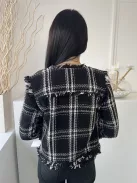 Warehause (S) Fekete Fehér Kockás, Kapocs Nélküli Rojtos Szegélyű, Buklé Anyagú Kabát