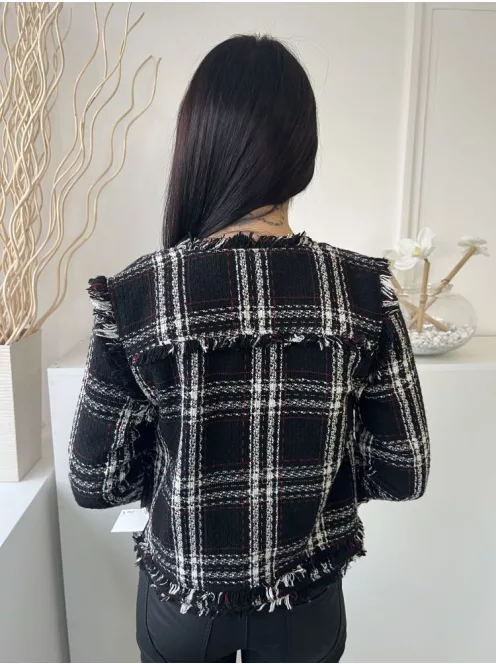 Warehause (S) Fekete Fehér Kockás, Kapocs Nélküli Rojtos Szegélyű, Buklé Anyagú Kabát