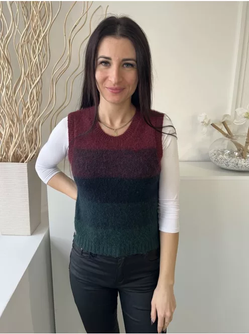 Primark (S) Bordó-Zöld Csíkos, Kerek Nyakú 10% Gyapjú Alapanyagú, Ujjatlan Felső