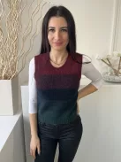 Primark (S) Bordó-Zöld Csíkos, Kerek Nyakú 10% Gyapjú Alapanyagú, Ujjatlan Felső