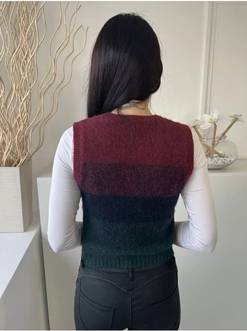 Primark (S) Bordó-Zöld Csíkos, Kerek Nyakú 10% Gyapjú Alapanyagú, Ujjatlan Felső