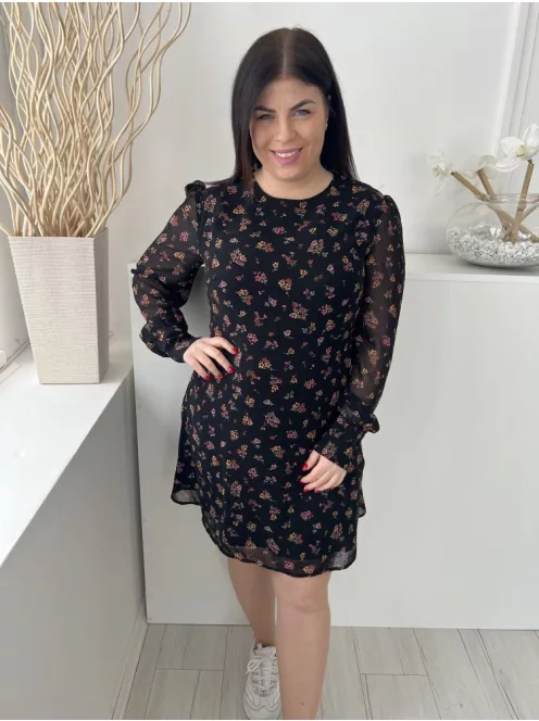 ÚJ Apricot (L) Fekete Színes Apró Virágos, Buggyos Vállú Bélelt, Hátul Nyakban Gombos Ruha