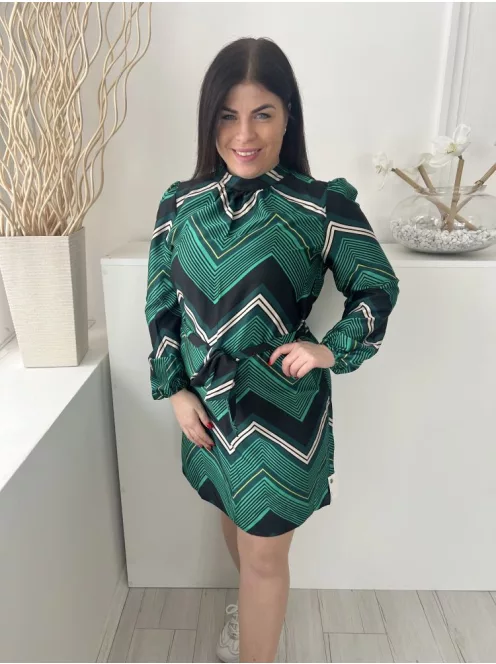 ÚJ New Look (L) Zöld-Fekete Mintás, Hátul Nyakban Gombos Derékban Megkötős, Fényes Anyagú Ruha