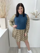 Next (M) Khaki-Kék Fehér Apró Virágos, Mellnél Kötött Betétes Hátul Nyakban Gombos Ruha