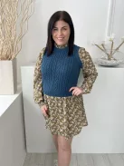 Next (M) Khaki-Kék Fehér Apró Virágos, Mellnél Kötött Betétes Hátul Nyakban Gombos Ruha