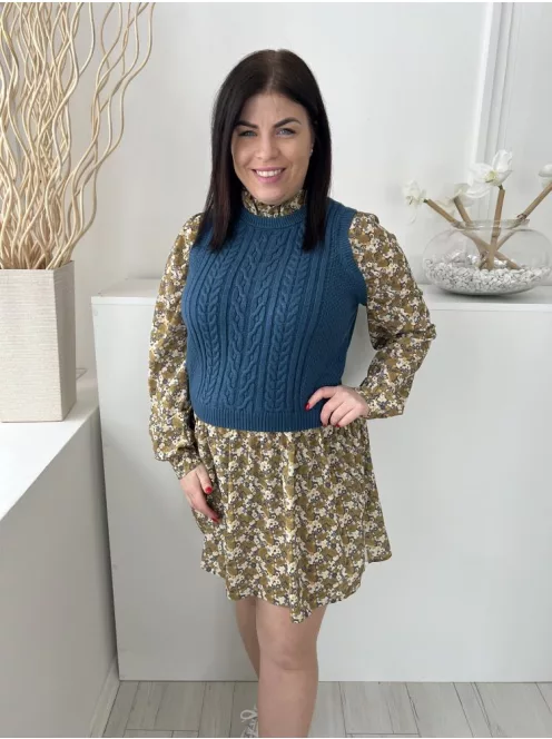 Next (M) Khaki-Kék Fehér Apró Virágos, Mellnél Kötött Betétes Hátul Nyakban Gombos Ruha