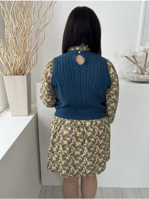 Next (M) Khaki-Kék Fehér Apró Virágos, Mellnél Kötött Betétes Hátul Nyakban Gombos Ruha