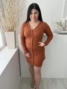 Missguided (L) Barna Elől Díszgombos, Anyagában Bordázott V Kivágású, 48% Pamut Alapanyagú Ruha