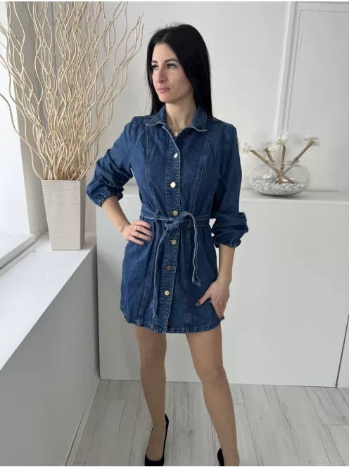 George (M) Kék Elől Végig Gombos, Derékban Megkötős Galléros, Gumis Ujjvégű, Zsebes Ruha