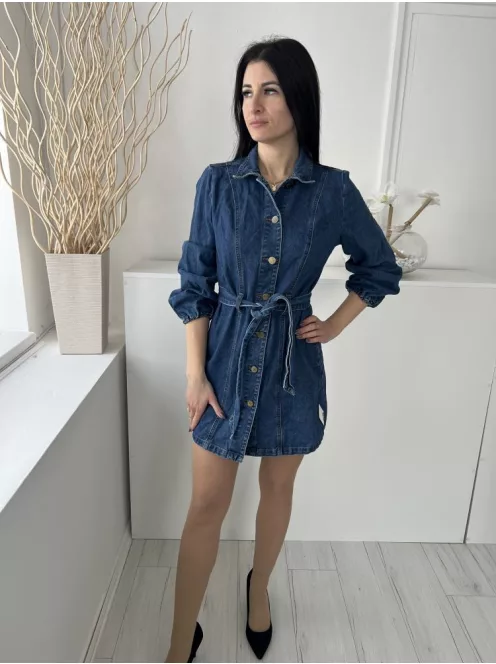 George (M) Kék Elől Végig Gombos, Derékban Megkötős Galléros, Gumis Ujjvégű, Zsebes Ruha