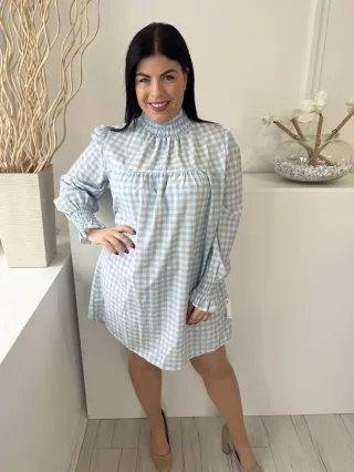   Boohoo (L) Világoskék Fehér Kockás, Hátul Nyakban Gombos Darázsolt Nyakú és Ujjvégű Ruha