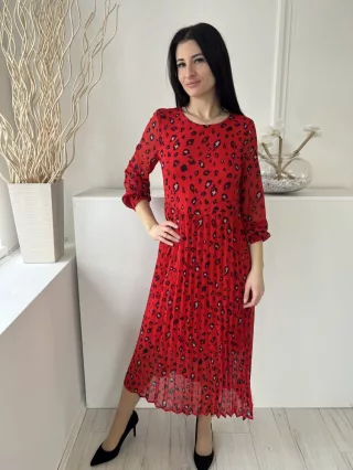   Selected (XS) Piros Fekete Foltmintás, Szoknyarészén Pliszírozott Hátul Nyakban Gombos, Darázsolt Ujjvégű Ruha