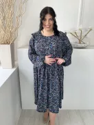 TU (XXL) Sötétkék Színes Apró Virágos, Fodros Vállú Gumis Ujjvégű Ruha